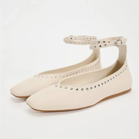 ZARA STUDDED ANKLE STRAP BALLET FLATS
